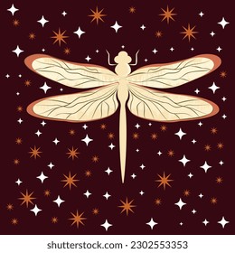 Vector illustration of a stylish dragonfly surrounded by stars on a brown background.