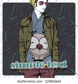 Vector illustration of the stylish dude on a footwear-background.
