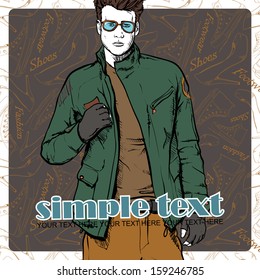 Vector illustration of the stylish dude on a footwear-background.