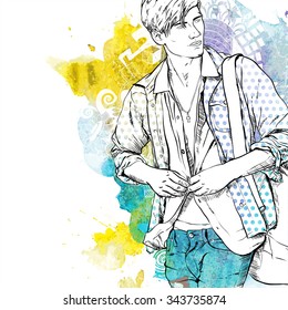 Vector illustration of a stylish dude on a background with watercolor blot. Vector collection.