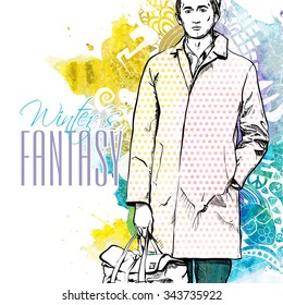 Vector illustration of a stylish dude on a background with watercolor blot. Vector collection.