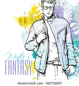 Vector illustration of a stylish dude on a background with watercolor blot. Vector collection.