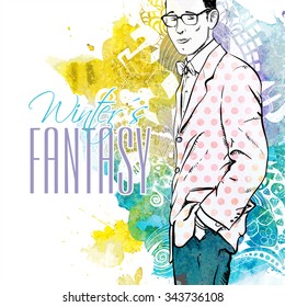 Vector illustration of a stylish dude on a background with watercolor blot. Vector collection.
