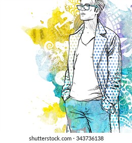 Vector illustration of a stylish dude on a background with watercolor blot. Vector collection.