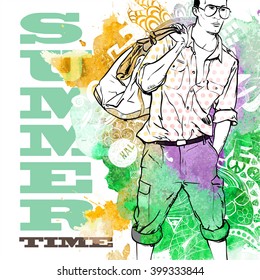 Vector illustration of a stylish dude on a background with watercolor blot. Vector collection.