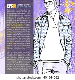 Vector illustration of a stylish dude on a background with watercolor blot. Place for text. Vector collection.