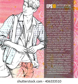 Vector illustration of a stylish dude on a background with watercolor blot. Place for text. Vector collection.