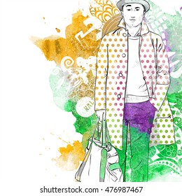 Vector illustration of a stylish dude on a background with watercolor blot. Vector collection.
