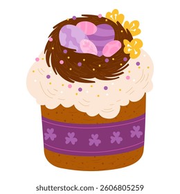 Vector illustration of a stylish Easter cake topped with a chocolate nest and colorful eggs, designed in cute pastel color palette