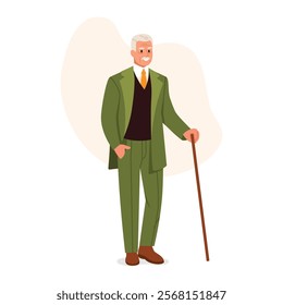 Vector illustration of a stylish elderly man. Cartoon scene of a smiling gray-haired man in a green suit, white shirt, brown vest, yellow tie, shoes isolated on white background. Man holding a cane.