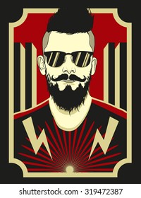  Vector illustration of stylish fashion man with head beard in glasses. T-Shirt Print, poster.