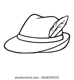 A vector illustration of a stylish fedora hat with a feather, characterized by its clean lines and minimalist design, perfect for fashion or travel themed projects.