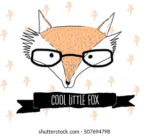 Vector illustration with stylish fox in sunglasses showing a peace sign. Be cool - lettering quote. Inspiration typography poster, greeting card design, hand drawn style t-shirt print