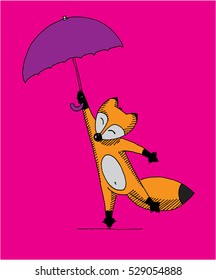 Vector illustration with stylish fox with umbrella. Cute cartoon foxes in modern simple flat style. Isolated vector illustration. Autumn theme. Hand drawing