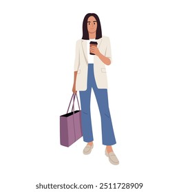  Vector illustration of a stylish girl. Cartoon scene of a beautiful girl with short hair, wearing a t-shirt, jacket, pants, loafers, holding a cup of coffee, a bag isolated on a white background.

