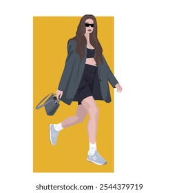 Vector illustration of a stylish girl with long hair, wearing sunglasses, a trendy jacket, and leggings, carrying a bag as she walks with confidence. 