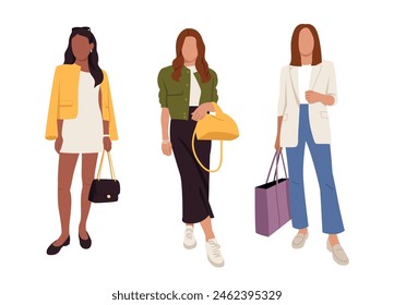 Vector illustration of stylish girls. Cartoon scenes of beautiful girls dressed in trendy outfits: dresses, jackets, bomber jackets, long skirts, light t-shirts, pants, bags, jewelry, glasses.