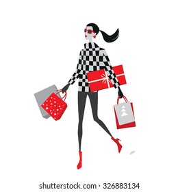 vector illustration of stylish girls with shopping bags , Christmas sale