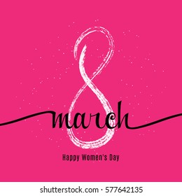 Vector illustration of stylish grunge 8 march womens day greeting card with lettering typography text sign, big sketch eight isolated on pink background