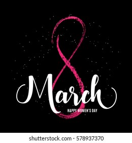 Vector illustration of stylish grunge 8 march womens day greeting card with lettering typography text sign, big sketch eight isolated on black background