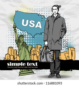 Vector illustration of a stylish guy with bag on a usa-background. Place for your text
