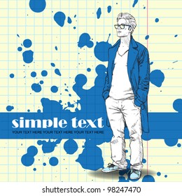 Vector illustration of the stylish guy in a coat on a dirty background.