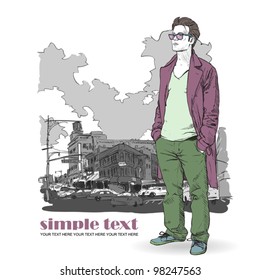 Vector illustration of the stylish guy in a coat on a city background.