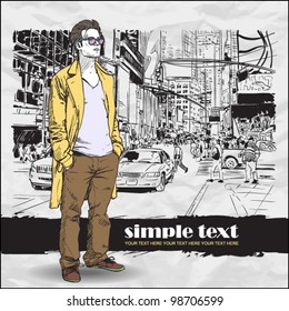 Vector illustration of the stylish guy in a coat on a urban background.
