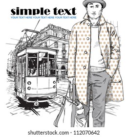 Vector illustration of a stylish guy and old tram.