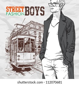 Vector illustration of a stylish guy and old tram.