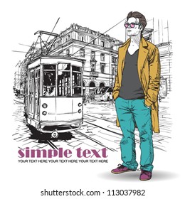 Vector illustration of a stylish guy and old tram.
