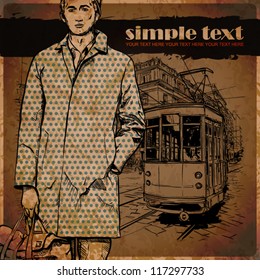 Vector illustration of a stylish guy and old tram.