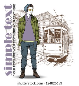 Vector illustration of a stylish guy and old tram.
