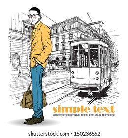Vector illustration of a stylish guy and old tram.