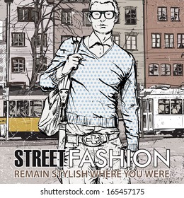 Vector illustration of stylish guy and old tram.