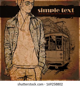 Vector illustration of a stylish guy and old tram.
