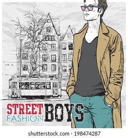 Vector illustration of stylish guy and old tram.