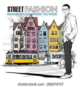 Vector illustration of stylish guy and old tram.