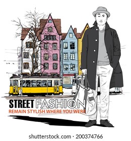 Vector illustration of stylish guy and old tram.