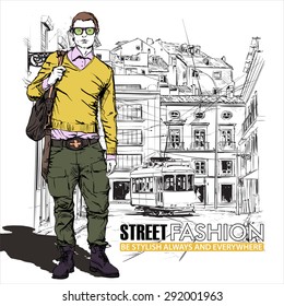 Imagen vectorial del tipo elegante y el viejo tranvía.