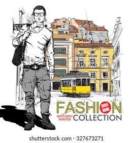 Vector illustration of stylish guy and old tram.