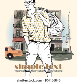 Vector illustration of  stylish guy on a street- background.