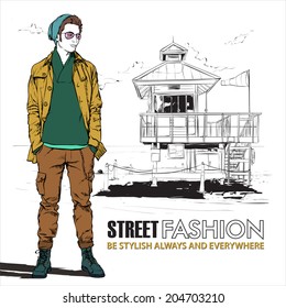 Vector illustration of stylish guy and saving tower.