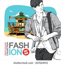 Vector illustration of stylish guy and saving tower.