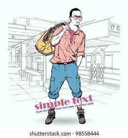 Vector illustration of stylish guy at subway station . Place for your text.