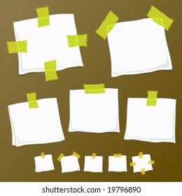 Vector illustration of stylish hand drawn notepad stickers on textured wood.
