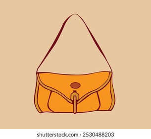 "Vector illustration of a stylish women’s handbag, featuring a soft leather texture, front pockets, buckle details, and a tassel. Ideal for fashion design, branding, or digital art projects."