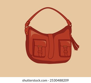 "Vector illustration of a stylish women’s handbag, featuring a soft leather texture, front pockets, buckle details, and a tassel. Ideal for fashion design, branding, or digital art projects."