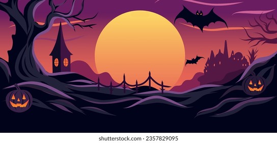 Vector illustration stylish happy halloween banner in flat style, moon, night, nature, pumpkin, bats, space for text