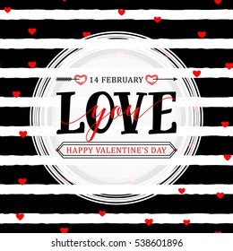 Ilustración vectorial de la elegante tarjeta de felicitación del día de San Valentín feliz con señalización tipográfica signo de texto, corazones, flecha, marco redondo blanco sobre rayas redondas sin fisuras fondo al estilo Memphis